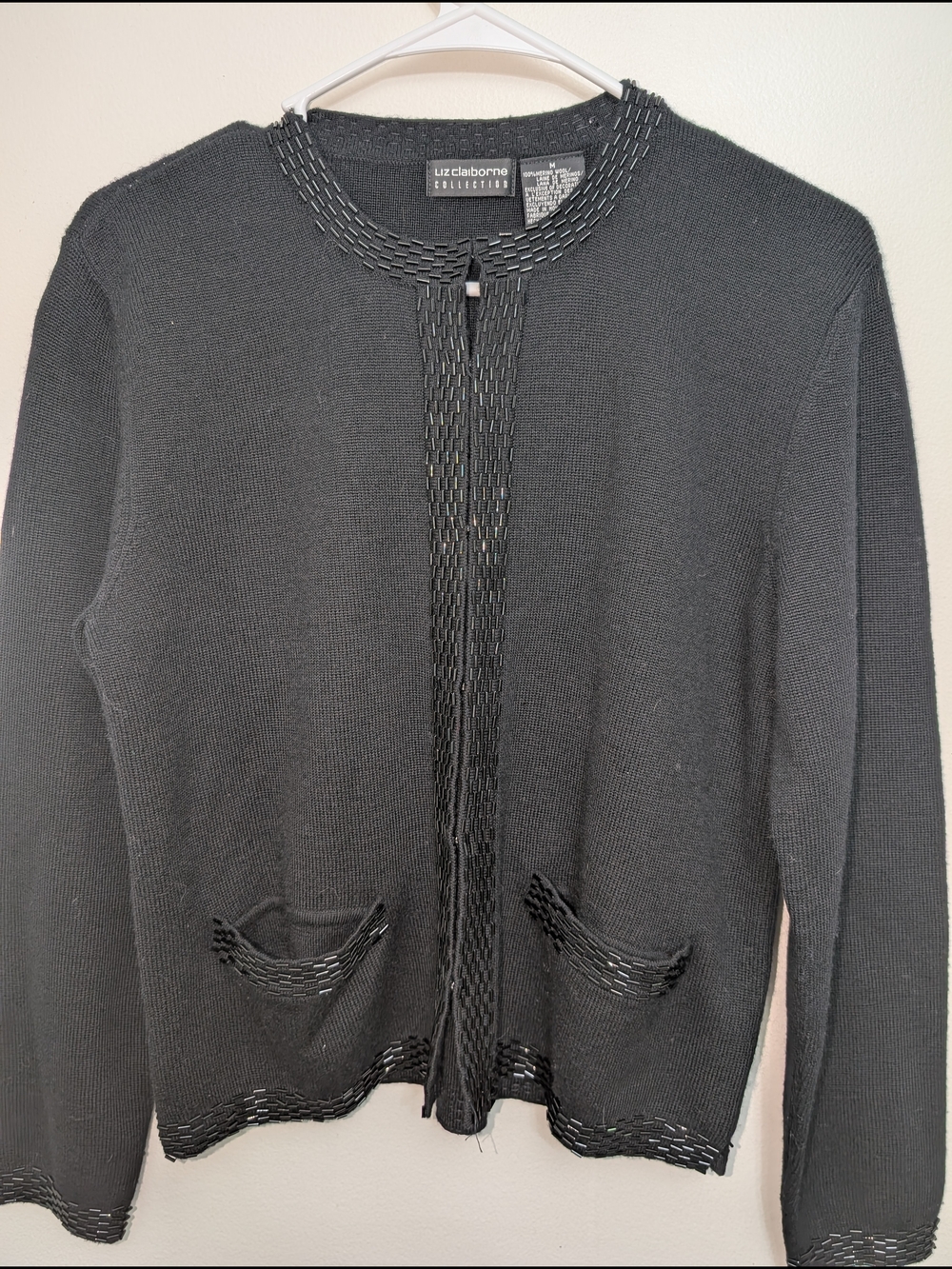 Liz Claiborne Collection Black Beaded-Trim Knit Cardigan Vintage Size Medium